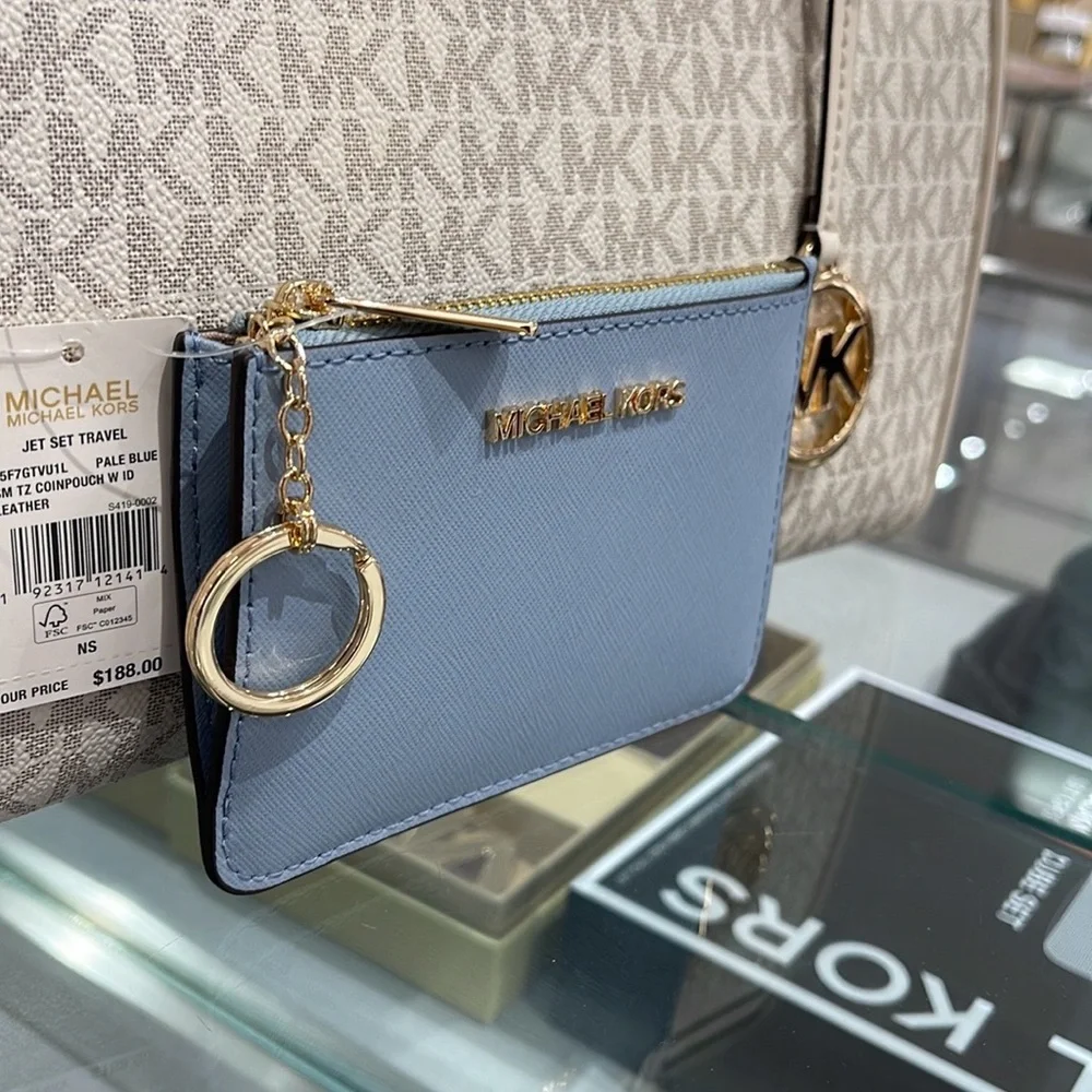 MICHAEL KORS SMALL TOP ZIP COINPOUCH WITH ID CARD CASE WALLET  PALE BLUE  NWT